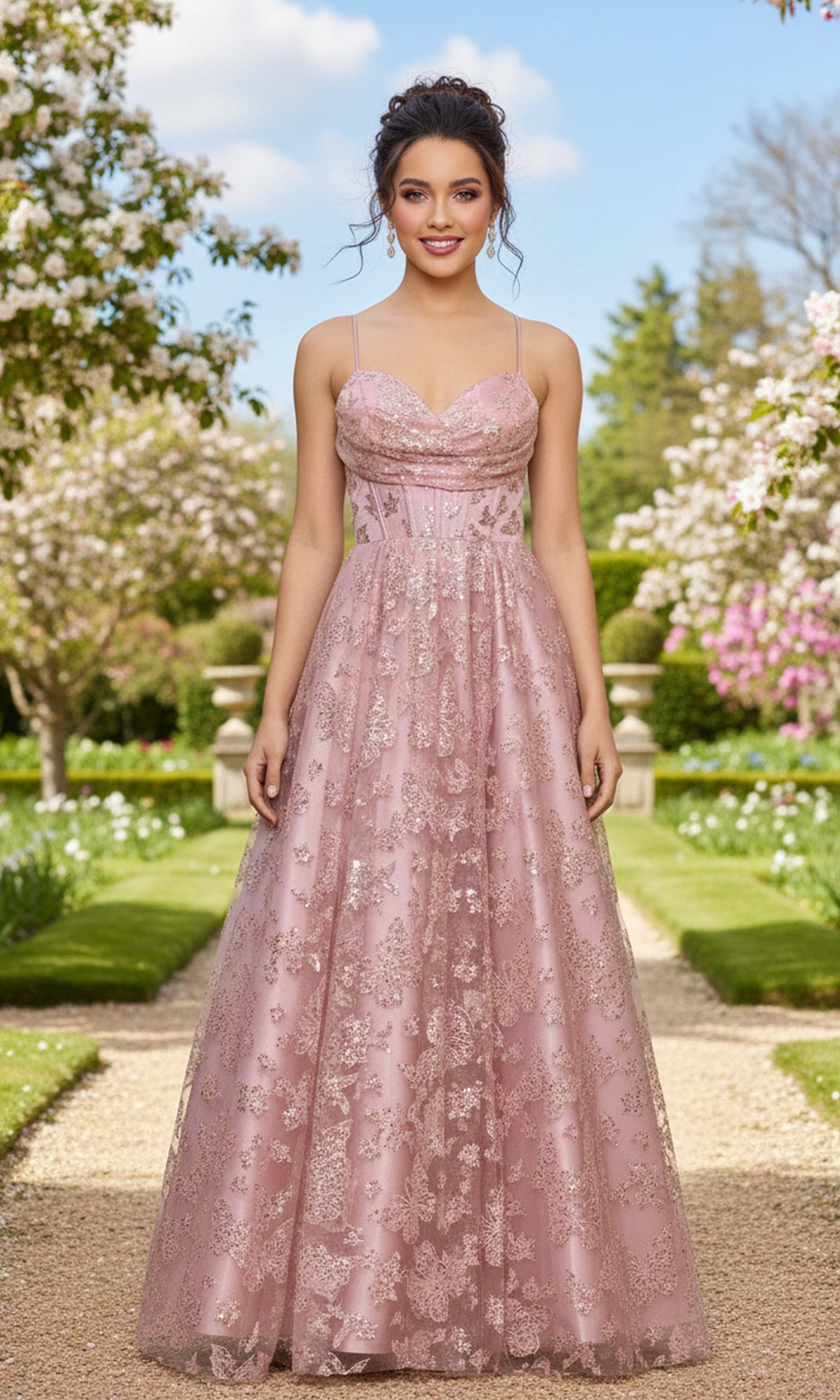 A woman stands outdoors on a garden path wearing the rose Blondie Nites 6056BN long prom dress, featuring an elegant corset bodice and delicate floral patterns. Trees and flowers can be seen in the background.